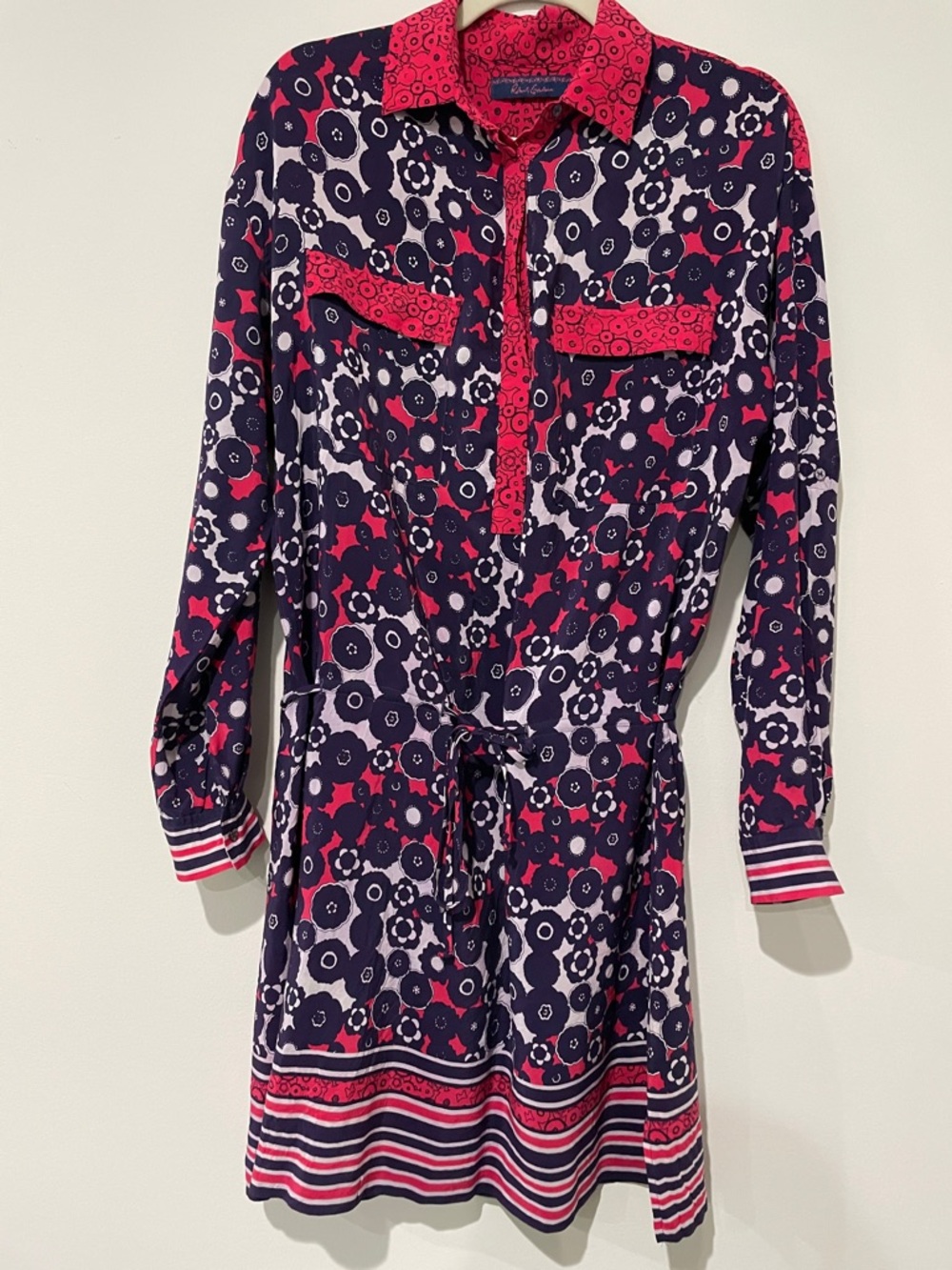 Robert Graham 100% Silk Shirt Dress Purple and Red Floral Drawstring Size 12